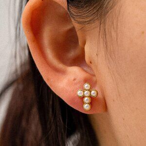 Pearl Cross Stud Earrings Waterproof Everyday stud earrings Pretty Gift for Her